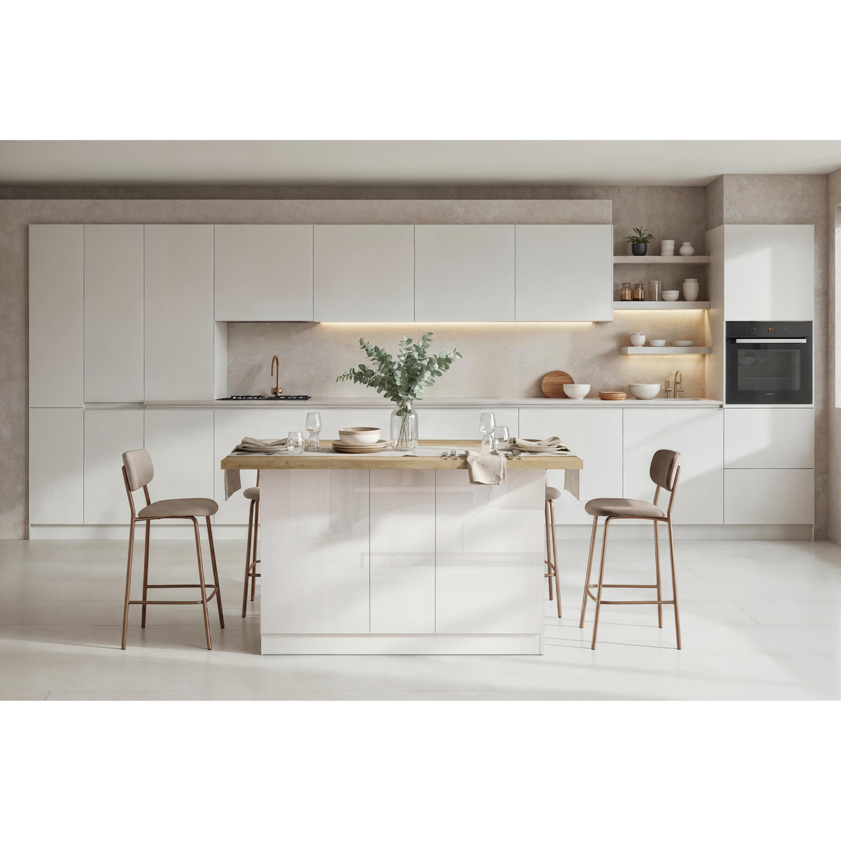 Fiora 160x80cm White Gloss Kitchen Island Breakfast Bar with Oak Top & Storage - FurniComp