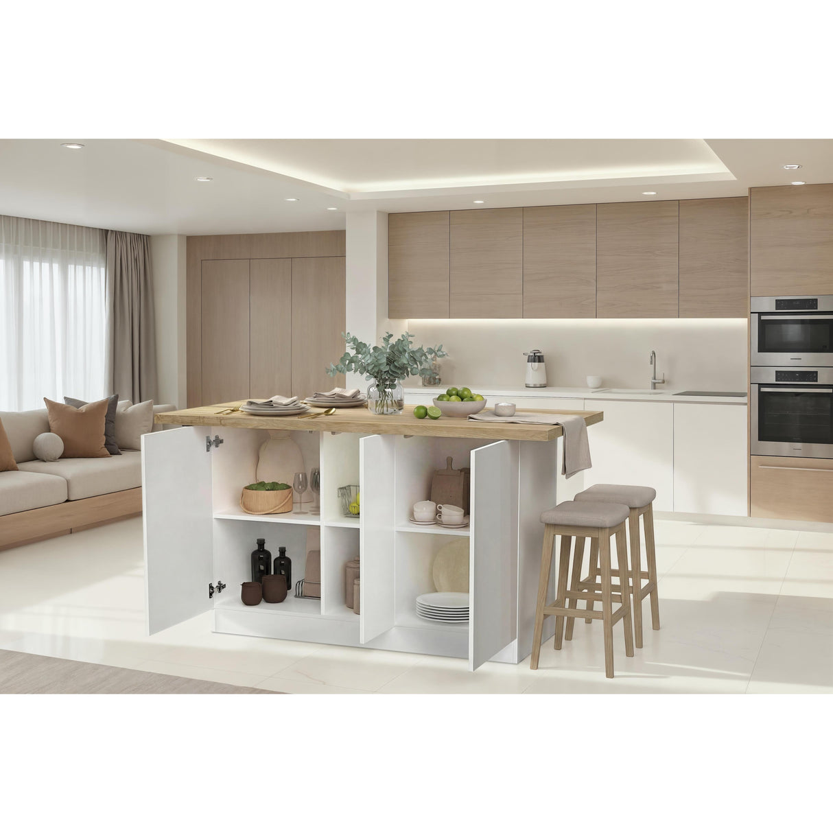 Fiora 160x80cm White Gloss Kitchen Island Breakfast Bar with Oak Top & Storage - FurniComp