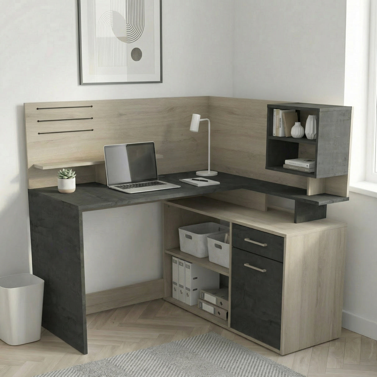 Jade 1 Door 1 Drawer Black and Oak L Shaped Corner Office Desk with Hutch - FurniComp