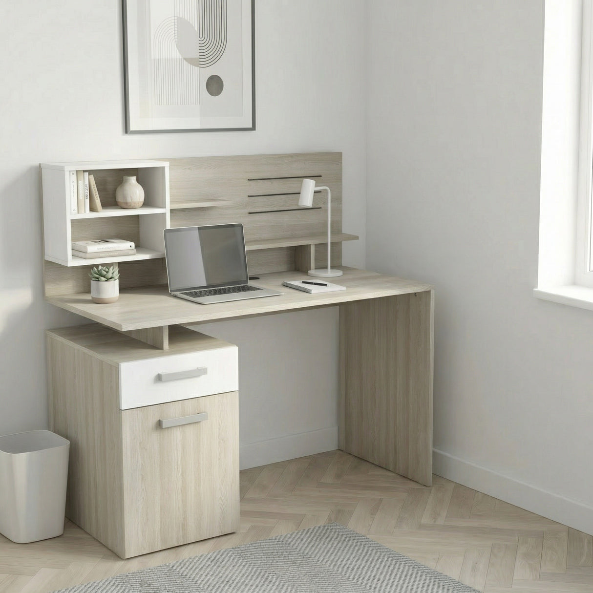 Jade 1 Door 1 Drawer Matt White and Shannon Oak Office Desk - FurniComp