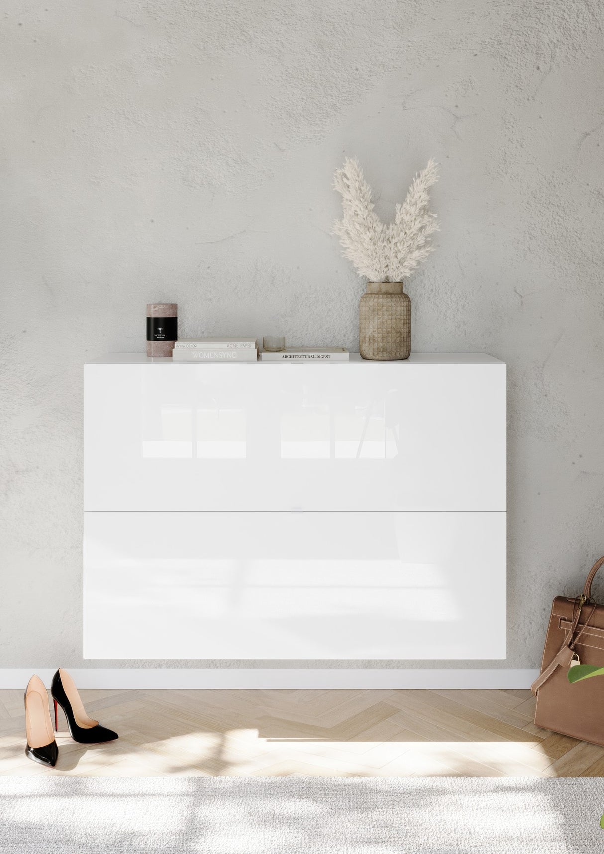 Kompact 2 Tier 100cm White Gloss Shoe Cabinet with Flap Door - FurniComp