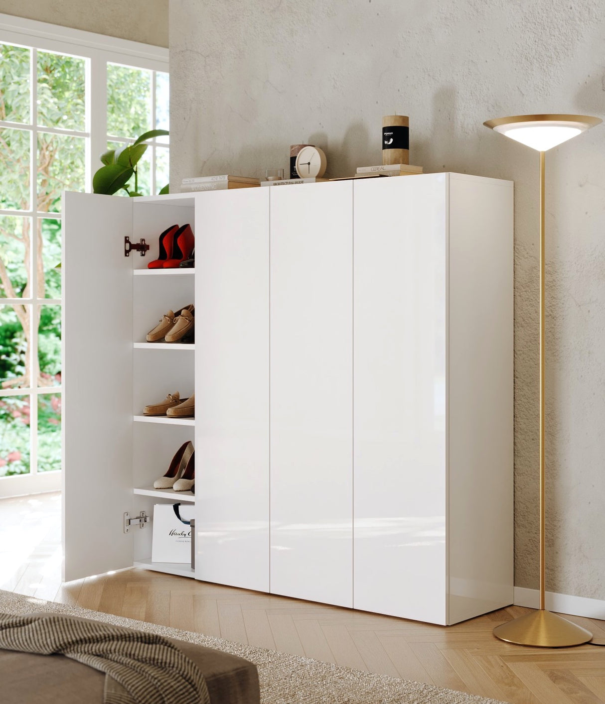 Kompact 4 Door 120cm White Gloss 30 Pair Shoe Storage Cabinet - FurniComp
