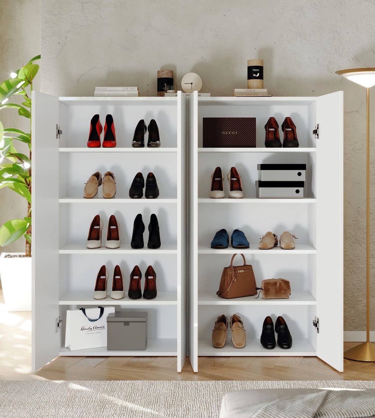 Kompact 4 Door 120cm White Gloss 30 Pair Shoe Storage Cabinet - FurniComp