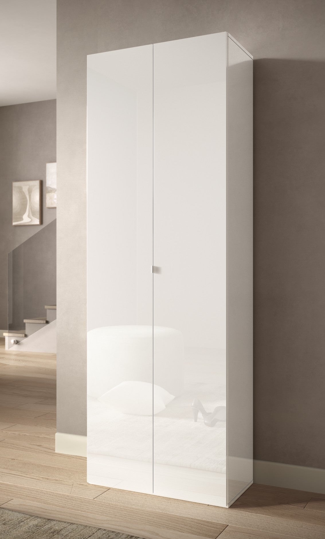 Kompact Multi-Use White Gloss Tall 2 Door Storage Utility Cupboard Cabinet - FurniComp