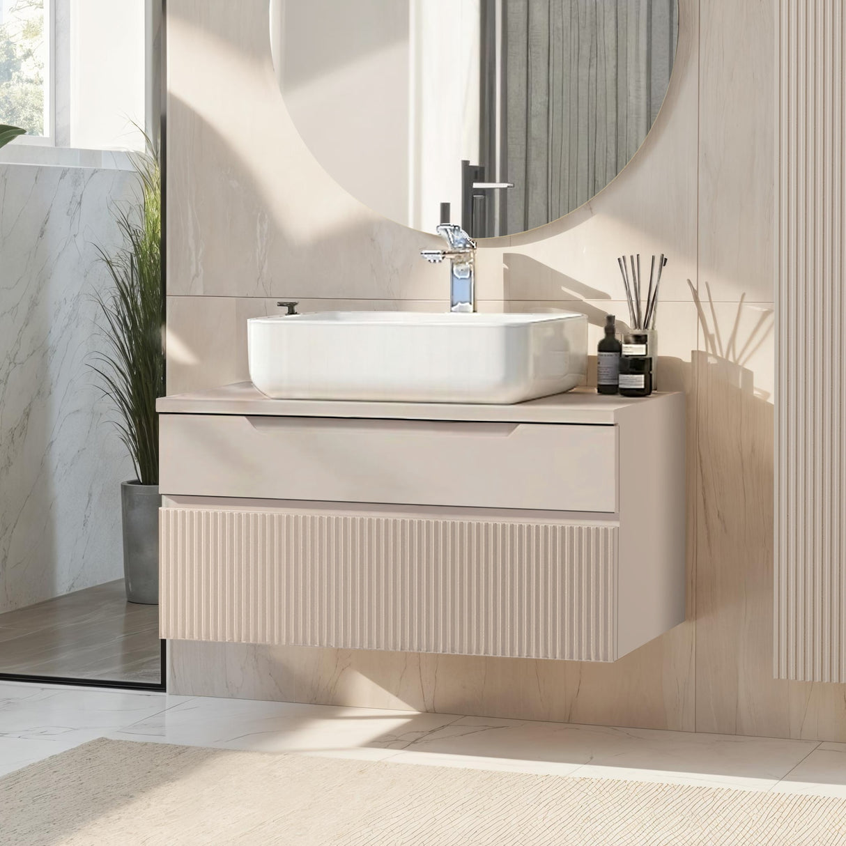 Lesley Cashmere 2 Drawer 800mm Wall Mounted Vanity Unit with Basin - FurniComp