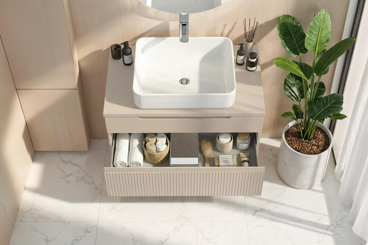 Lesley Cashmere 2 Drawer 800mm Wall Mounted Vanity Unit with Basin - FurniComp