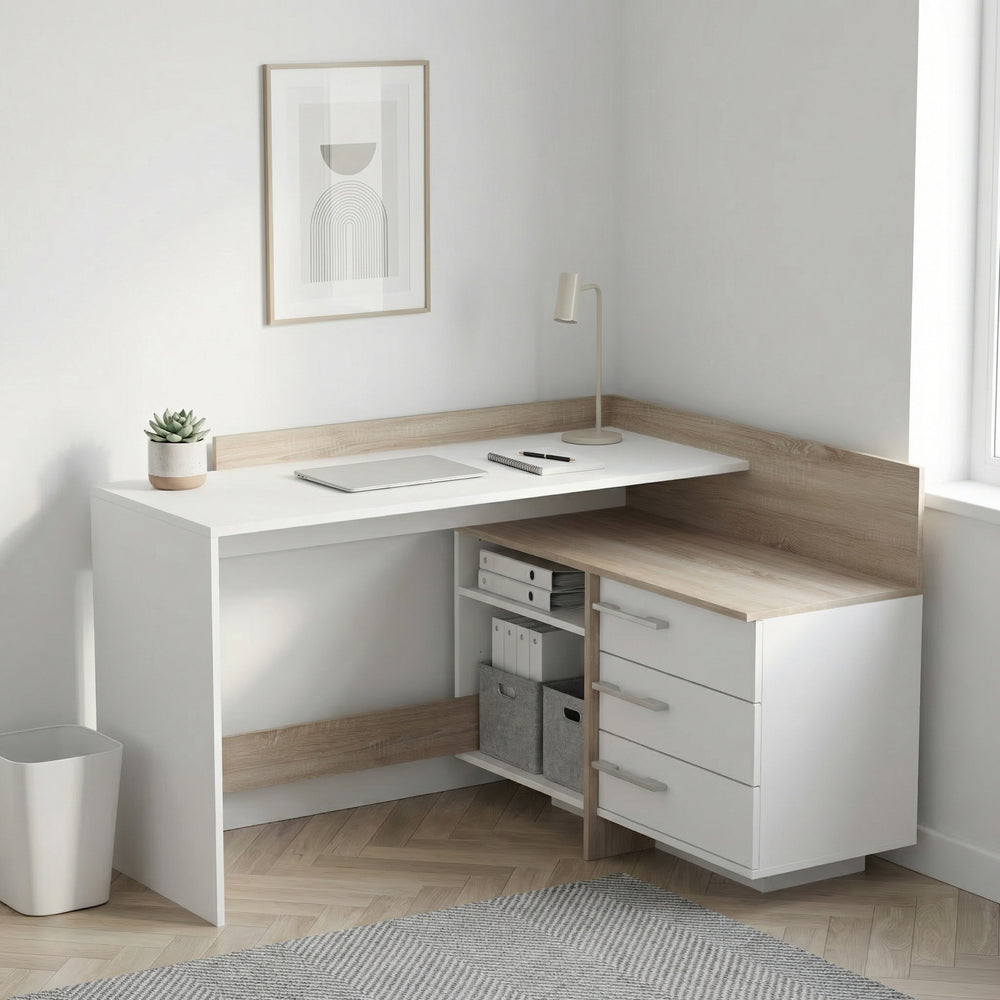 Lexi White and Oak 3 Drawer Corner Home Office Desk - FurniComp