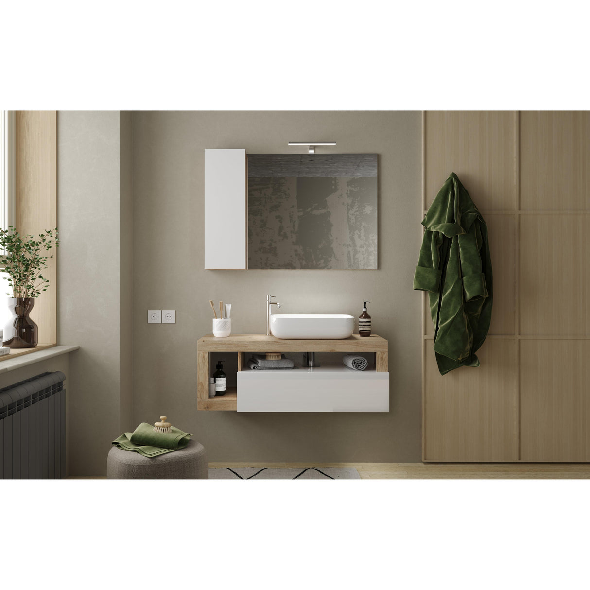 Lorenzo 110cm White Gloss and Cadiz Oak Mirrored Bathroom Cabinet With LED Light - FurniComp
