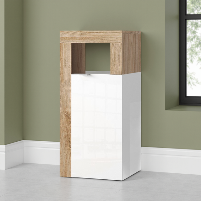 Lorenzo 1 Door White Gloss and Cadiz Oak Small Bathroom Storage Cabinet - FurniComp