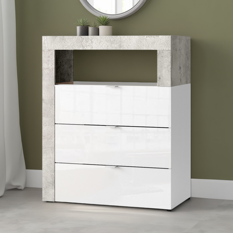 Lorenzo 3 Drawer White Gloss and Concrete Grey Large Chest of Drawers - FurniComp