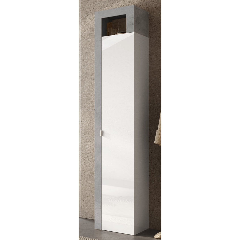 Lorenzo 1 Door White Gloss and Concrete Grey Tall Bathroom Storage Cupboard - FurniComp