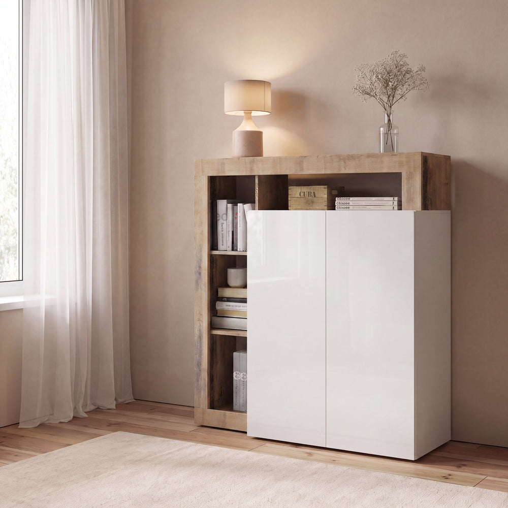 Lorenzo 2 Door White Gloss and Natural Oak Tall Sideboard/Highboard - FurniComp