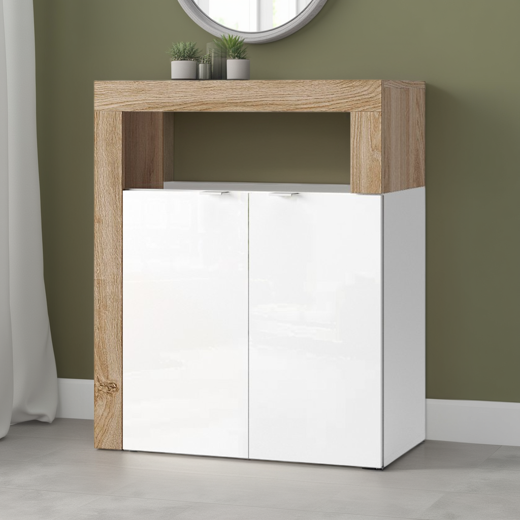 Lorenzo 2 Door White Gloss and Cadiz Oak Large Bathroom Storage Cabinet - FurniComp