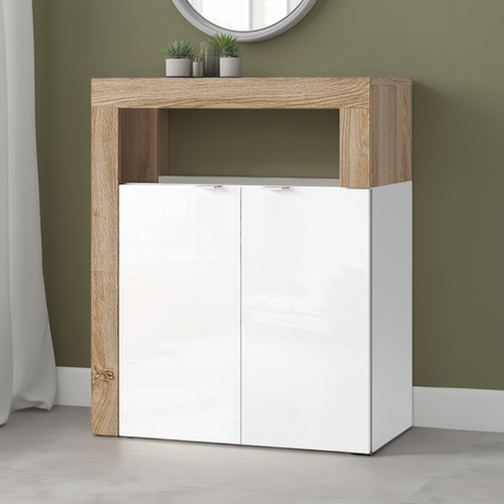 Lorenzo 2 Door White Gloss and Cadiz Oak Large Bathroom Storage Cabinet - FurniComp