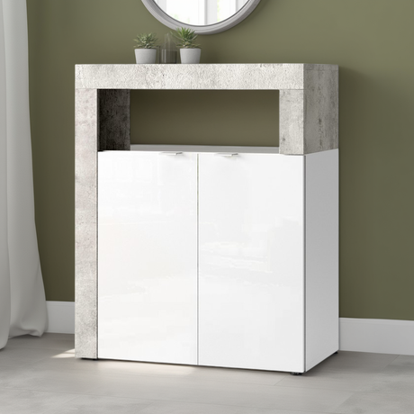 Lorenzo 2 Door White Gloss and Concrete Grey Large Bathroom Storage Cabinet - FurniComp