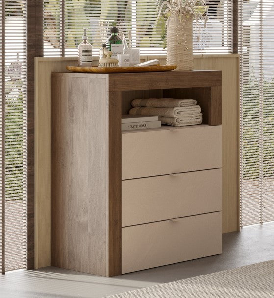 Lorenzo 3 Drawer Cashmere and Mercure Oak Large Chest of Drawers - FurniComp