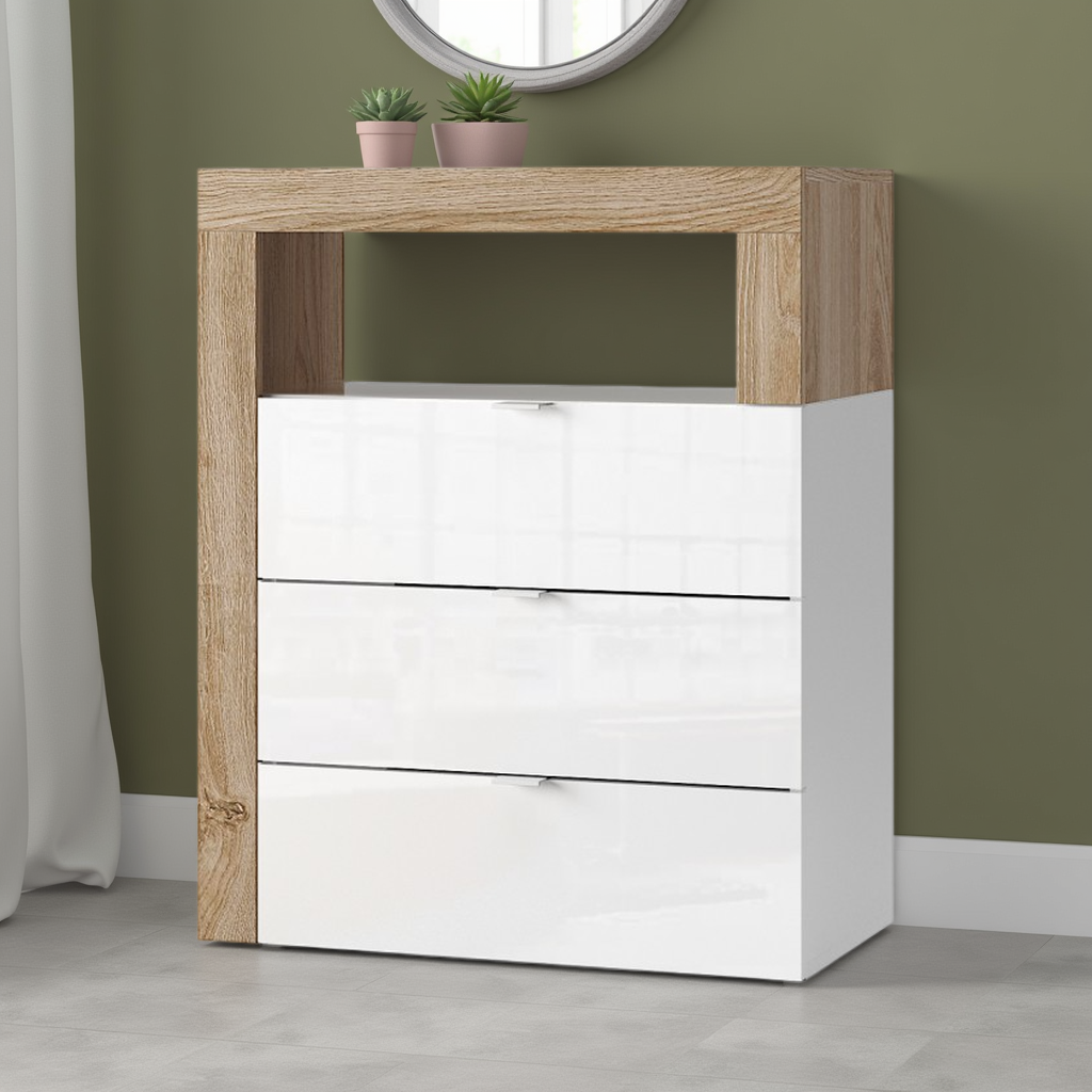 Lorenzo 3 Drawer White Gloss and Cadiz Oak Large Chest of Drawers - FurniComp