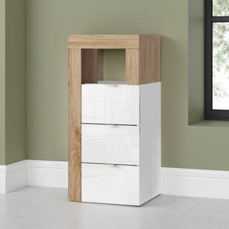 Lorenzo 3 Drawer White Gloss and Cadiz Oak Small Chest of Drawers - FurniComp