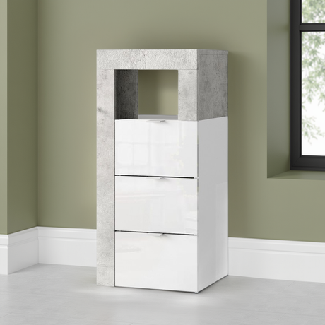 Lorenzo 3 Drawer White Gloss and Concrete Grey Small Chest of Drawers - FurniComp