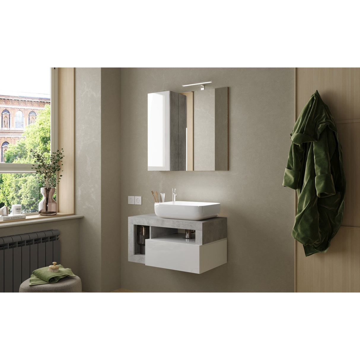 Lorenzo White Gloss & Concrete Grey 1 Drawer 790mm Wall Hung Vanity Unit with Basin - FurniComp