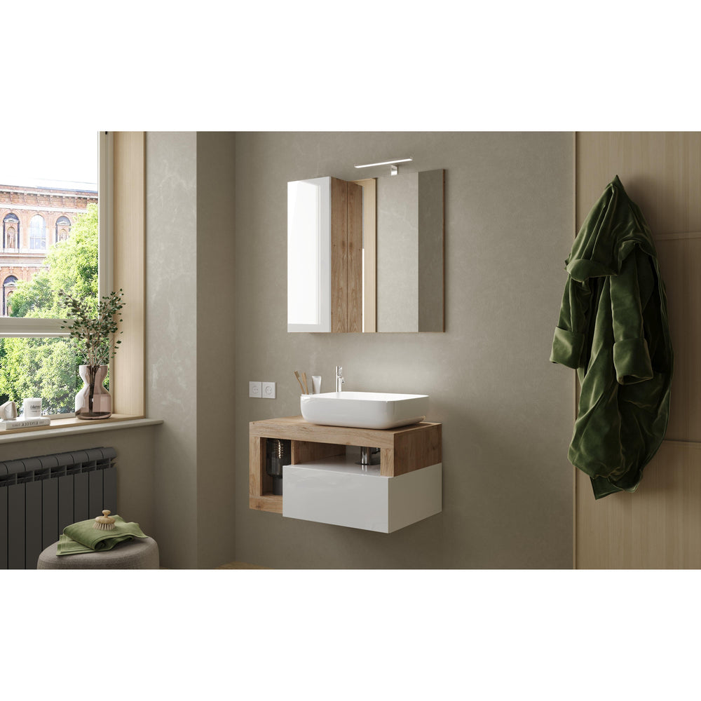 Lorenzo 78cm White Gloss and Cadiz Oak Mirrored Bathroom Cabinet With LED Light - FurniComp