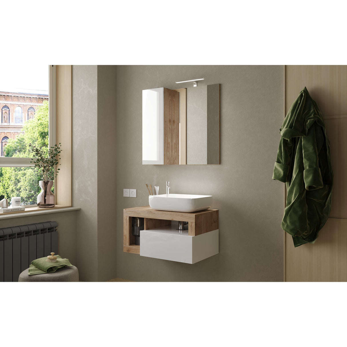 Lorenzo 78cm White Gloss and Cadiz Oak Mirrored Bathroom Cabinet With LED Light - FurniComp