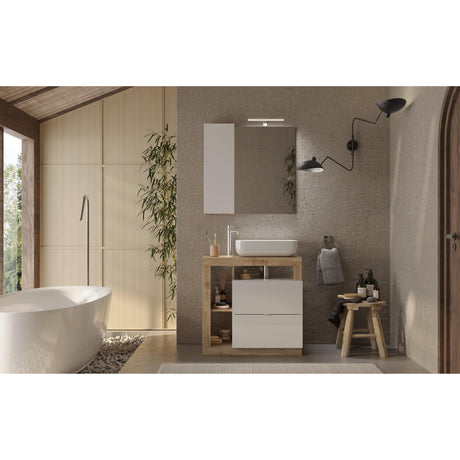 Lorenzo 78cm White Gloss and Cadiz Oak Mirrored Bathroom Cabinet With LED Light - FurniComp