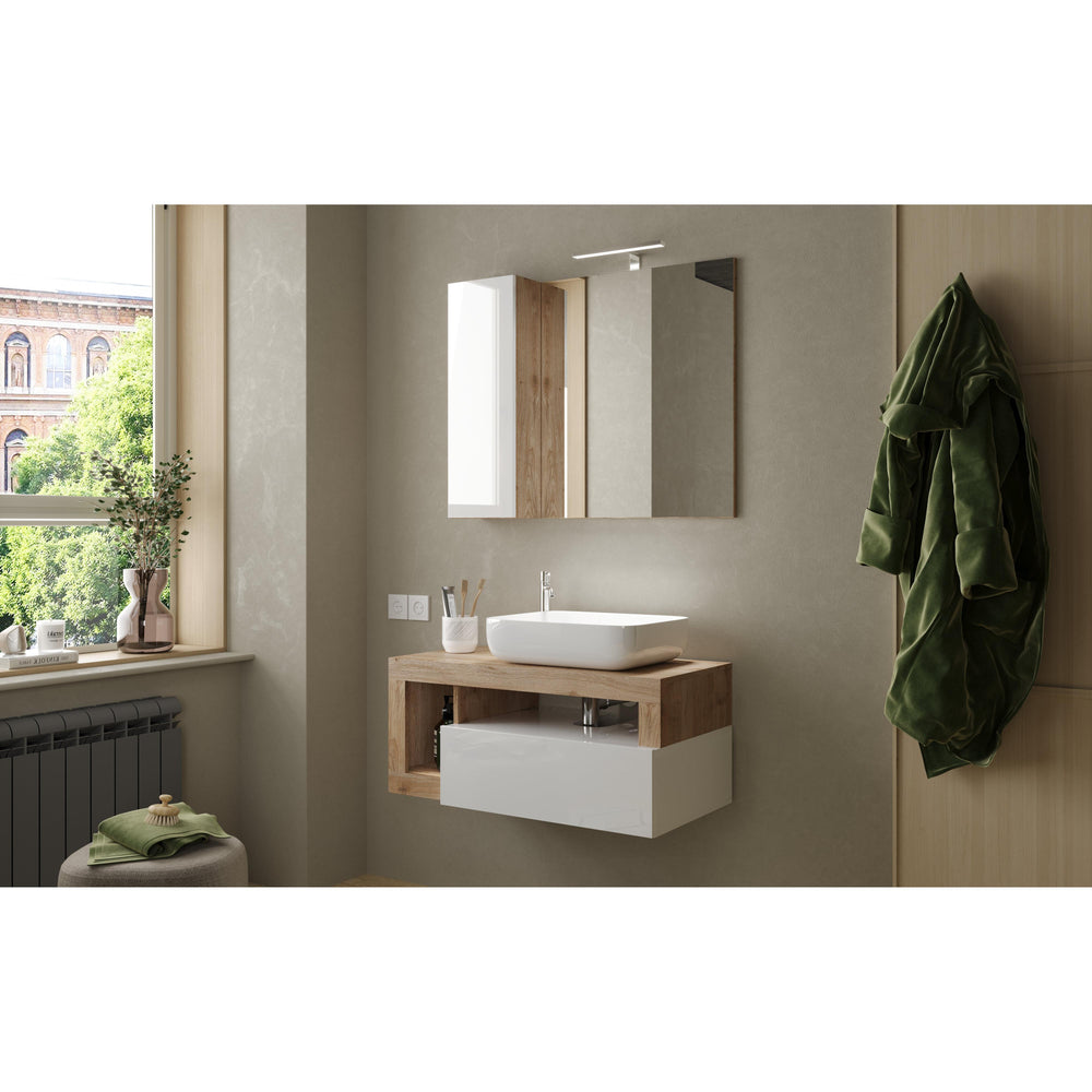 Lorenzo 92cm White Gloss and Cadiz Oak Mirrored Bathroom Cabinet With LED Light - FurniComp