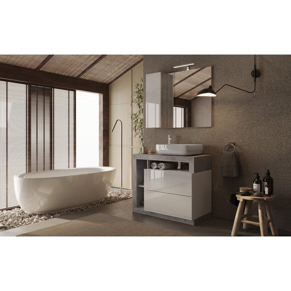 Lorenzo 92cm White Gloss and Concrete Grey Mirrored Bathroom Cabinet With LED Light - FurniComp