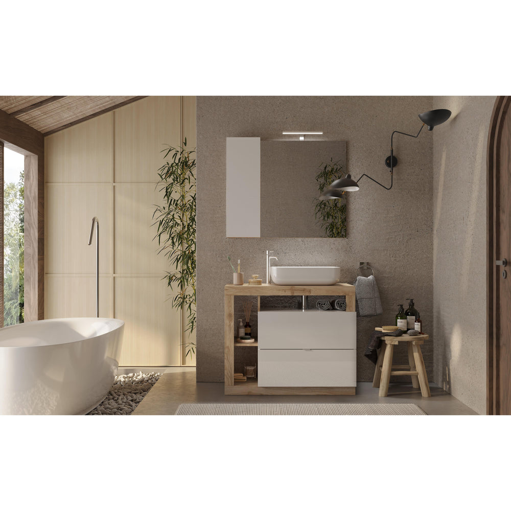 Lorenzo 92cm White Gloss and Cadiz Oak Mirrored Bathroom Cabinet With LED Light - FurniComp