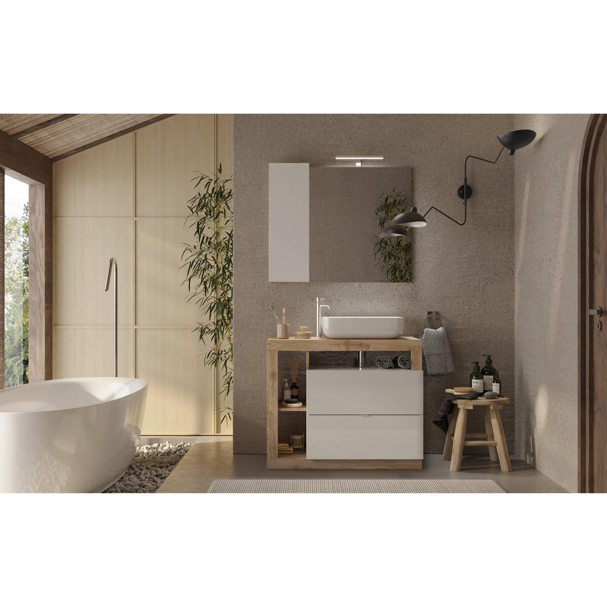 Lorenzo 92cm White Gloss and Cadiz Oak Mirrored Bathroom Cabinet With LED Light - FurniComp