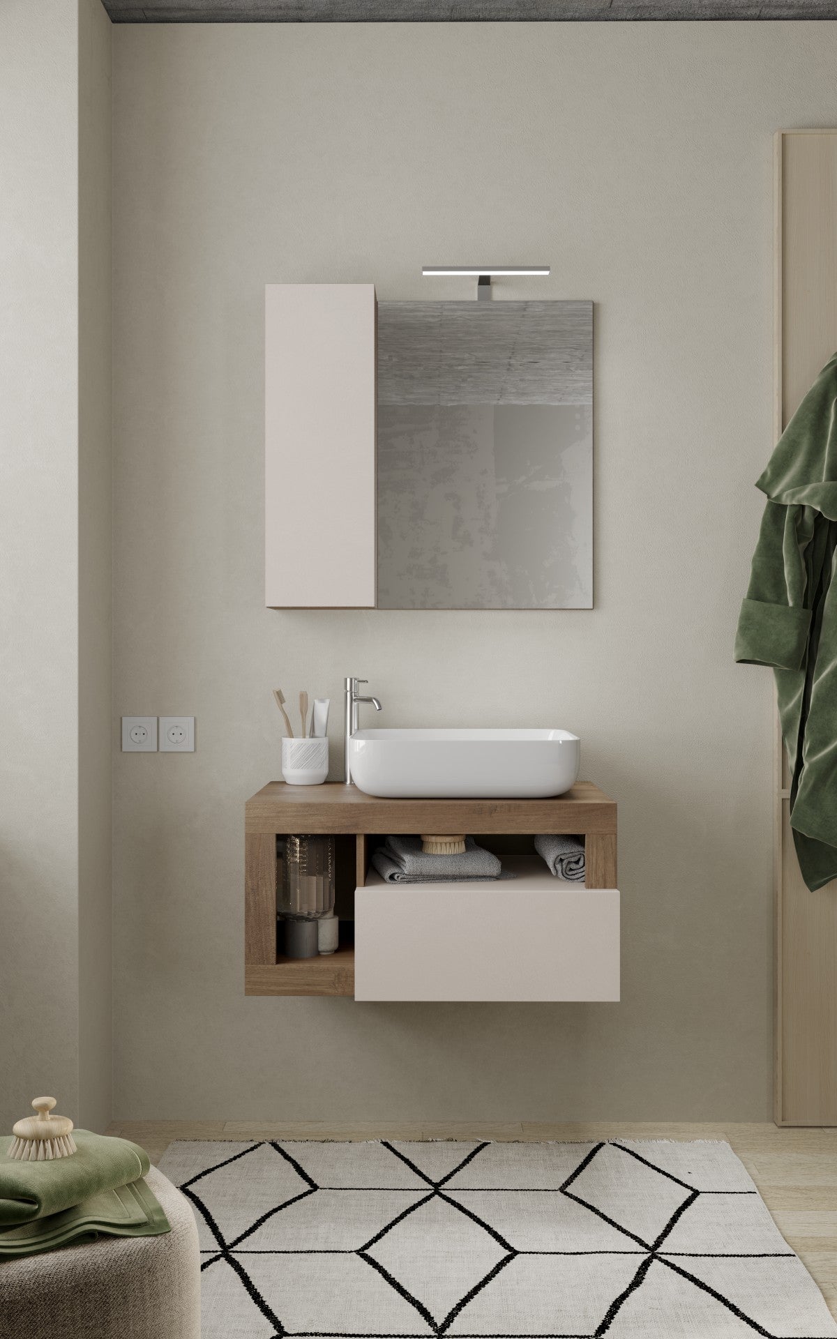 Lorenzo Cashmere and Mercure Oak 1 Drawer 790mm Wall Hung Vanity Unit with Basin - FurniComp