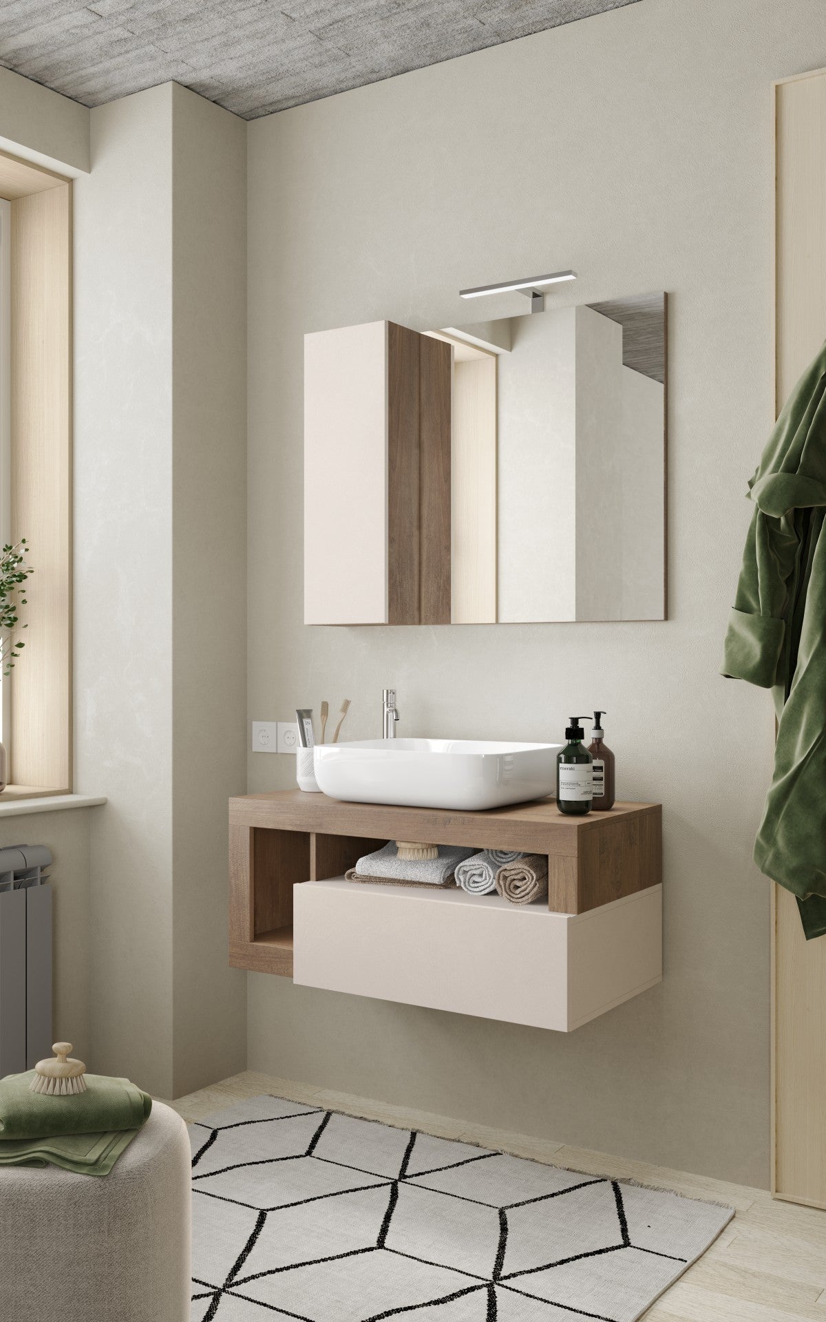 Lorenzo Cashmere and Mercure Oak 1 Drawer 920mm Wall Hung Vanity Unit with Basin - FurniComp