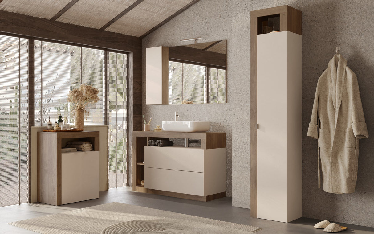 Lorenzo 1 Door Cashmere and Mercure Oak Tall Bathroom Storage Cupboard - FurniComp