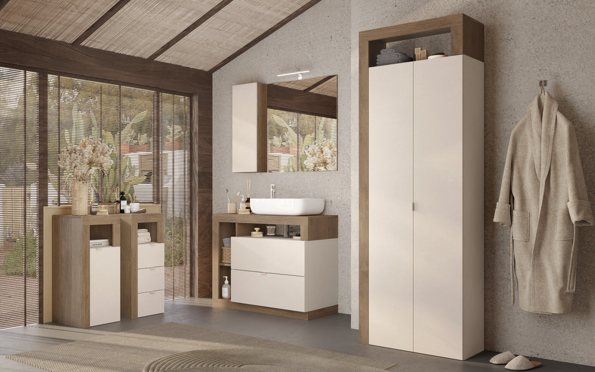 Lorenzo 1 Door Cashmere and Mercure Oak Small Bathroom Storage Cabinet - FurniComp