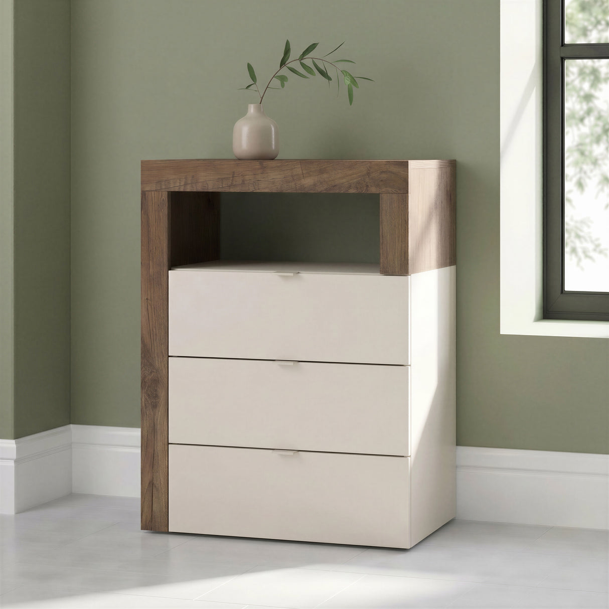 Lorenzo 3 Drawer Cashmere and Mercure Oak Large Chest of Drawers - FurniComp