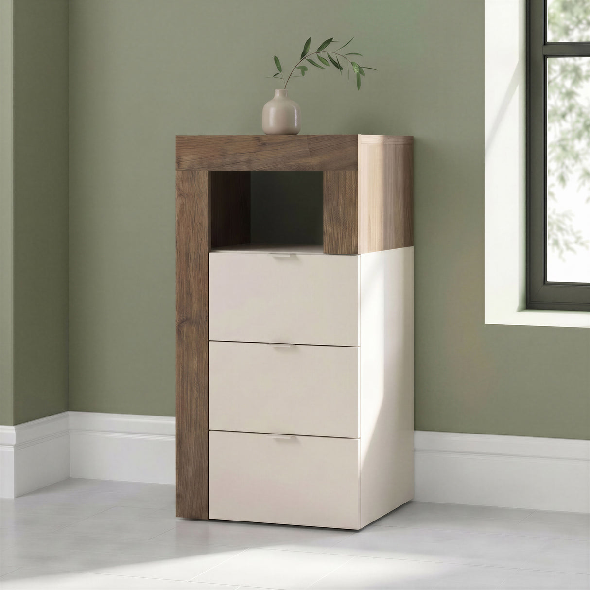 Lorenzo 3 Drawer Cashmere and Mercure Oak Small Chest of Drawers - FurniComp