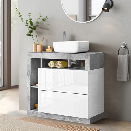 Lorenzo White Gloss & Concrete Grey 2 Drawer 790mm Free Standing Vanity Unit with Basin - FurniComp