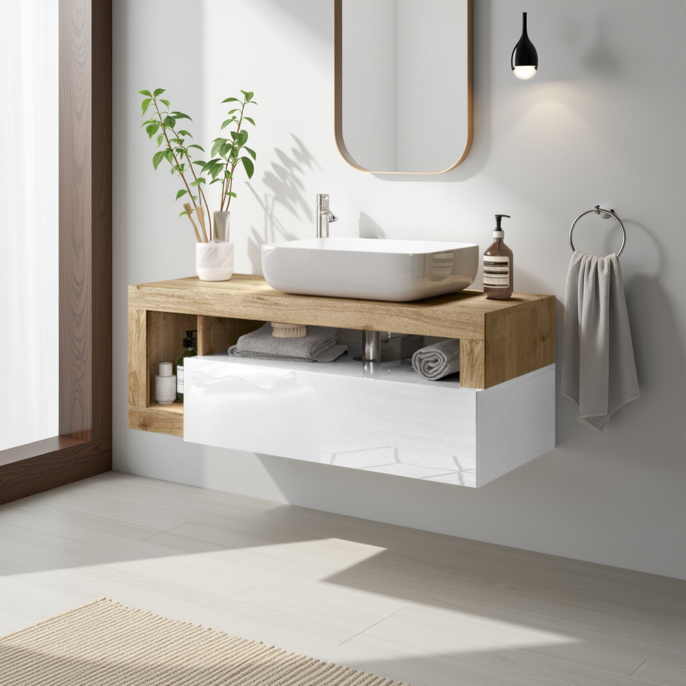 Lorenzo White Gloss & Cadiz Oak 1 Drawer 1100mm Wall Hung Vanity Unit with Basin - FurniComp