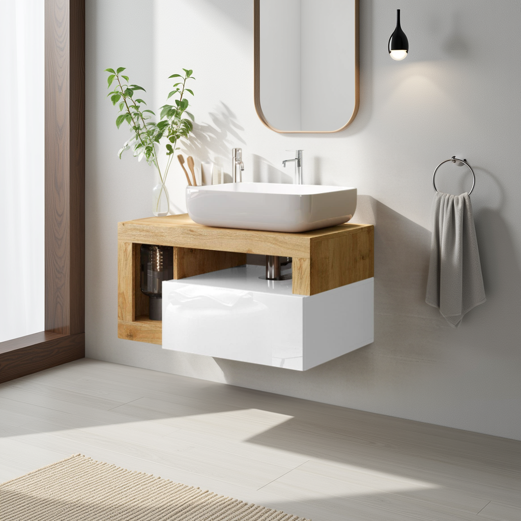 Lorenzo White Gloss & Cadiz Oak 1 Drawer 790mm Wall Hung Vanity Unit with Basin - FurniComp