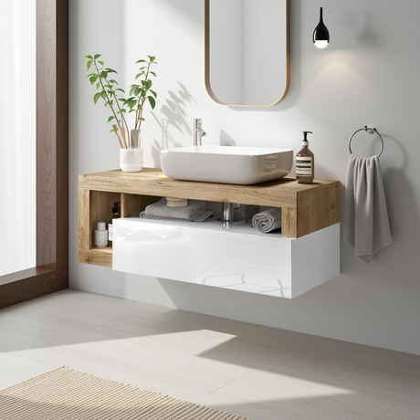 Lorenzo White Gloss & Cadiz Oak 1 Drawer 920mm Wall Hung Vanity Unit with Basin - FurniComp