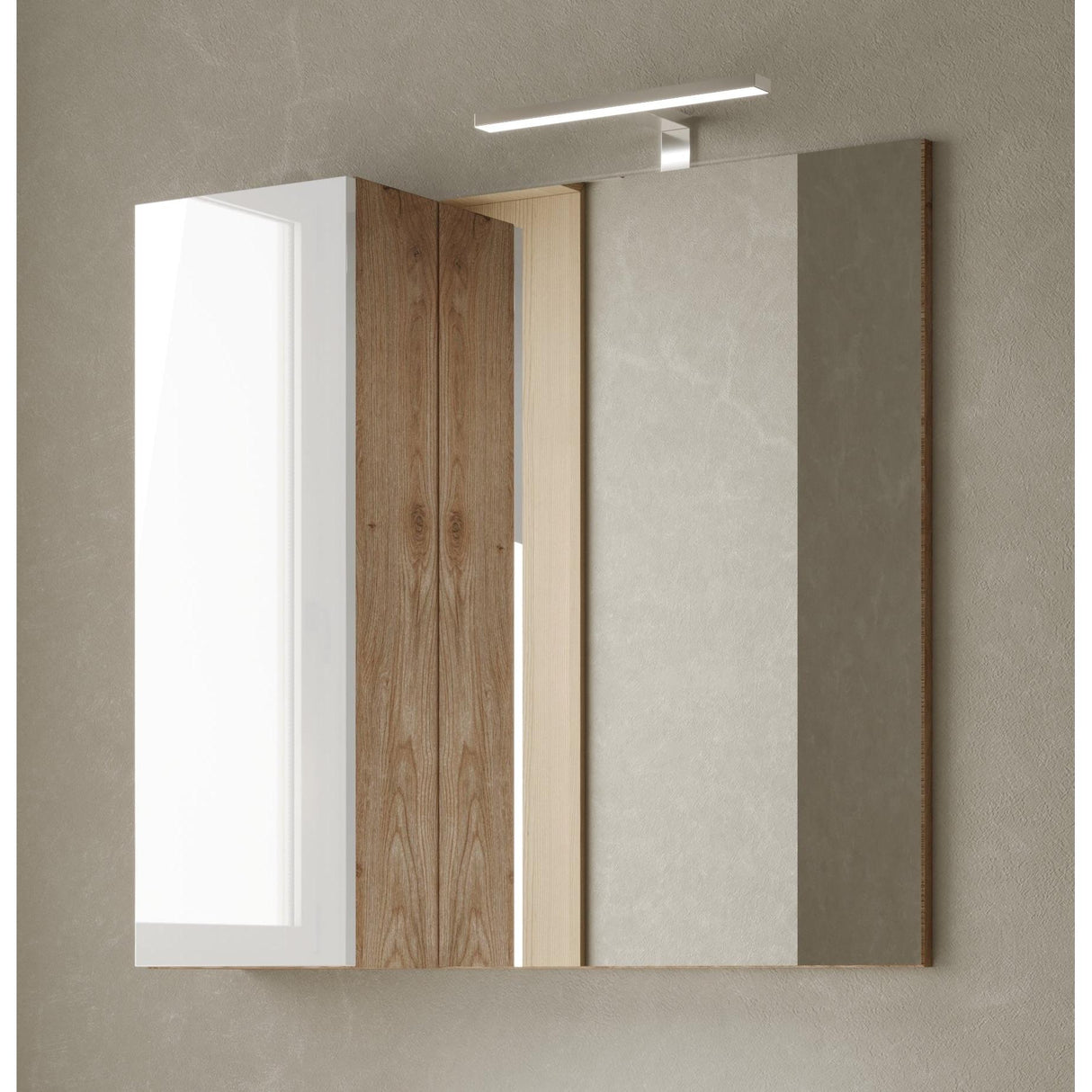 Lorenzo 78cm White Gloss and Cadiz Oak Mirrored Bathroom Cabinet With LED Light - FurniComp