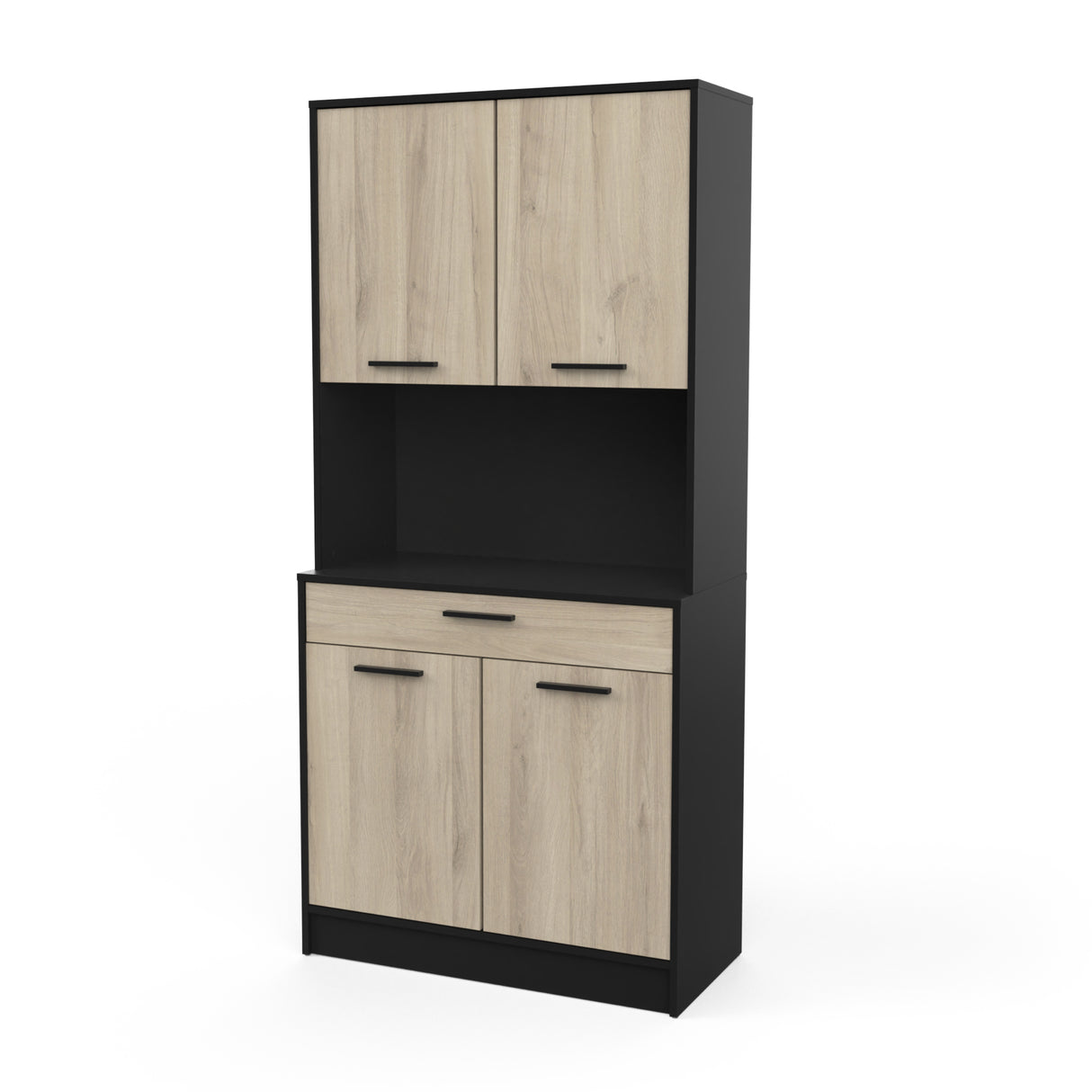Luca 4 Door 1 Drawer Matt Black and Oak Tall Kitchen Pantry Cabinet Unit - FurniComp