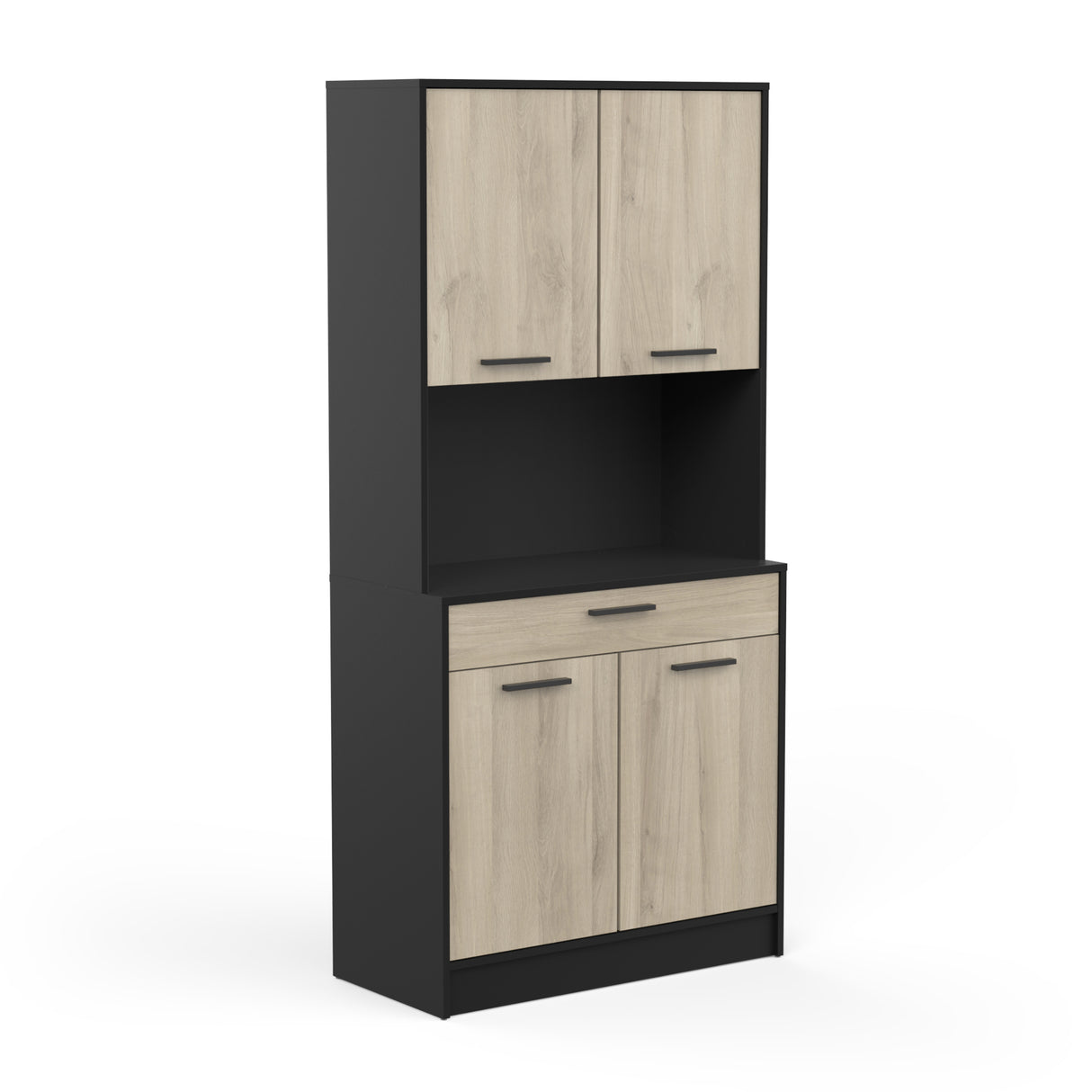 Luca 4 Door 1 Drawer Matt Black and Oak Tall Kitchen Pantry Cabinet Unit - FurniComp