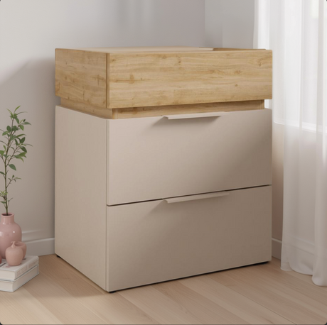 Luke 3 Drawer Bedside Table - Cashmere & Cadiz Oak - FurniComp