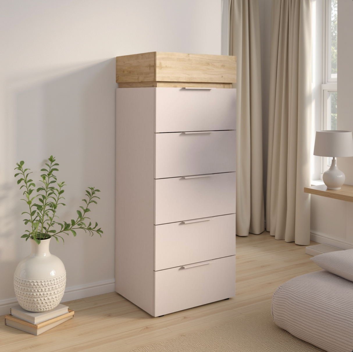 Luke 6 Drawer 50cm Tall Chest of Drawers - Cashmere & Cadiz Oak - FurniComp