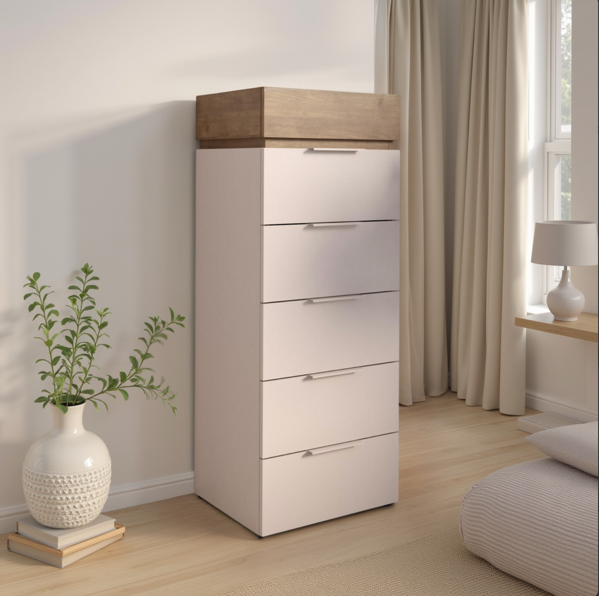 Luke 6 Drawer 50cm Tall Chest of Drawers - Cashmere & Mercure Oak - FurniComp