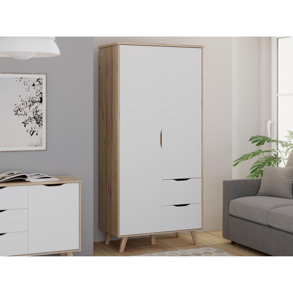 Oskar 2 Door 2 Drawer 95cm Wardrobe - Matt White & Oak - FurniComp