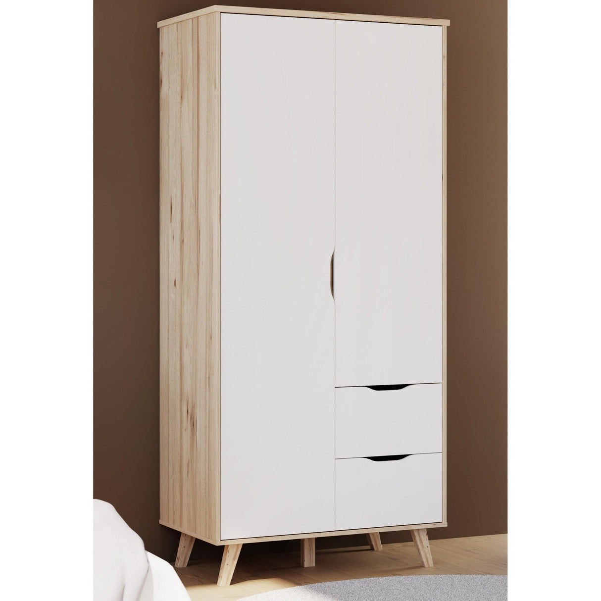 Oskar 2 Door 2 Drawer 95cm Wardrobe - Matt White & Oak - FurniComp