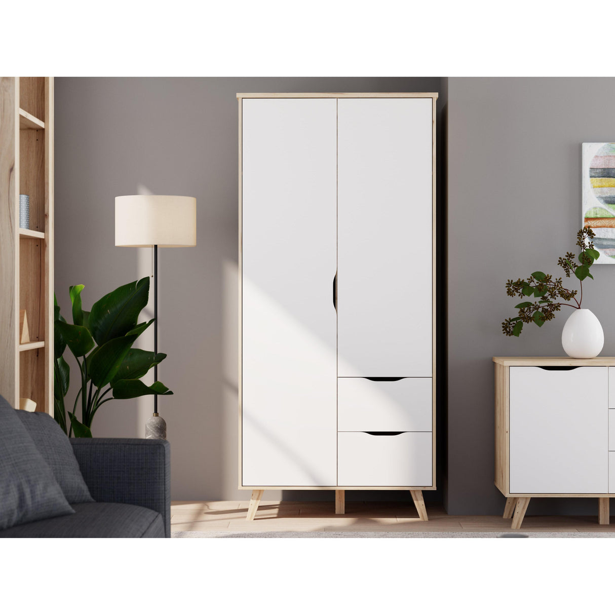 Oskar 2 Door 2 Drawer 95cm Wardrobe - Matt White & Oak - FurniComp